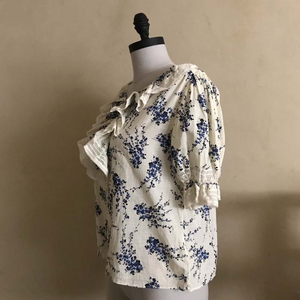 THE GREAT. Bishop Blue on White Floral Blouse - Picture 10 of 14